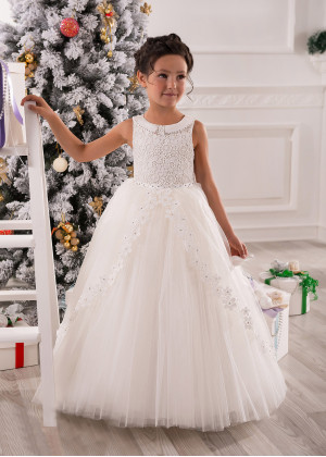 Peter Pan Collar Ivory Lace Tulle Beaded Flower Girl Dress